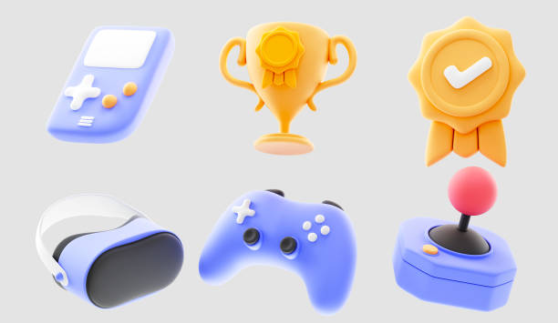 istock gaming gadgets 3d icon set. Video game console, gamepad, VR headset and golden trophy cupon isolated background. 3d rendering 1958710202