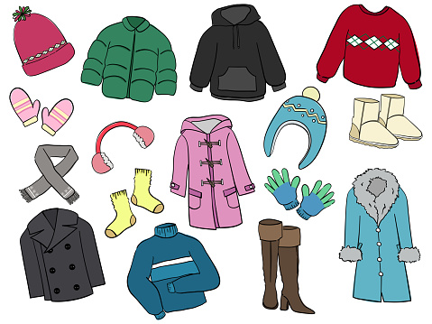 Warm items in winter clothes sweater beanie gloves scarf over coat