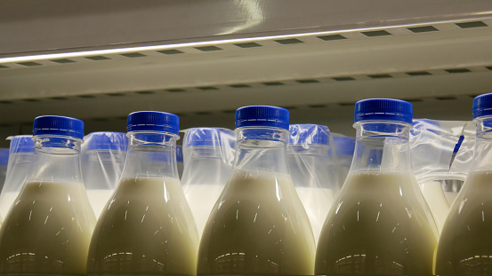 Close-up of many beautiful milk bottles in a store refrigerator