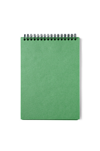 Open spiral bound notepad with craft green sheets, isolated on white background. Top view, copy space for text, template, mockup