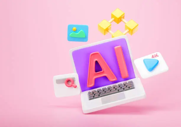 Explore AI-generated photos, video enhancements, and prompt command research. Unlock the potential of Artificial Intelligence (AI) with our cutting-edge laptop, featuring the iconic AI logo. 3d render