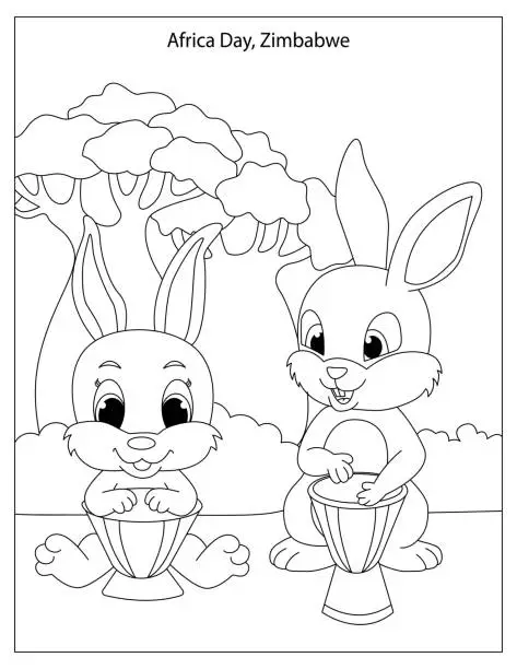 Vector illustration of Africa Day Holiday Celebration in Zimbabwe with cute rabbits coloring page for kids