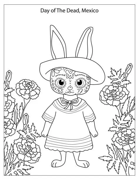 Vector illustration of Day of the Dead Holiday Celebration in Mexico with cute rabbit coloring page for kids