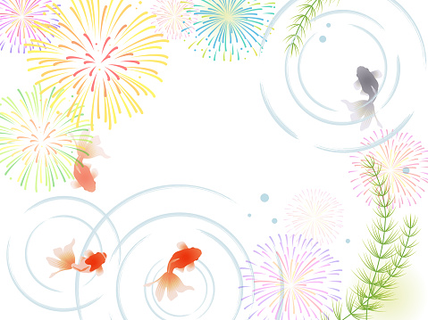 Goldfish and fireworks background frame