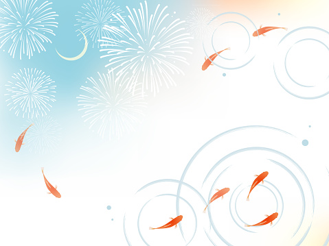 Background frame of goldfish and fireworks/crescent moon reflected in water
​
