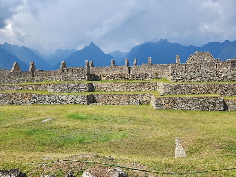 Expedition to the sacred city of the Incas Machu Picchu high in the Andes Mountains in Peru, above the Urubamba River valley.