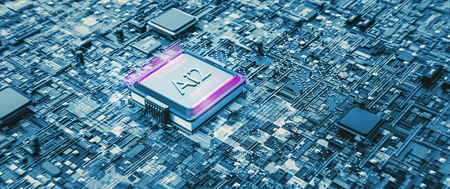 Circuits and microchips of an electronic device. (Close up).