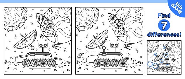 Kids space game Find 7 differences. Outline puzzle. Spot the different details. Cartoon lunar rover on the surface of the Moon. Vector contour design perfect for coloring page and baby activity book.