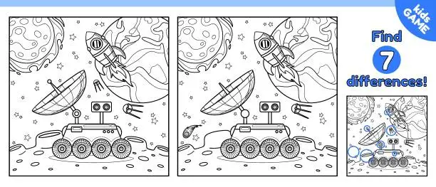 Vector illustration of Outline game Find 7 differences with lunar rover