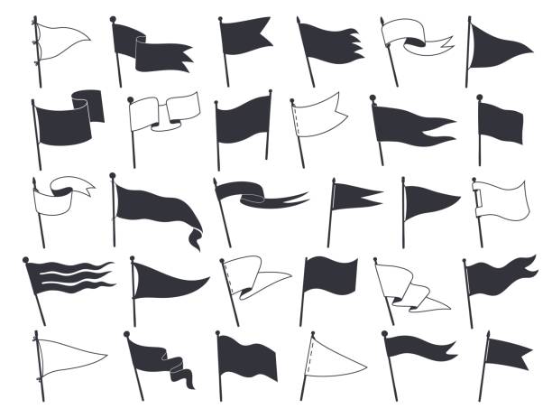 Isolated retro pennants, white and black flags Isolated retro pennants, white and black flags on poles, vector icons. Flags or blank banners, triangle and square wavy pennants on flagpole sticks, retro flags for sport labels and emblem elements flag stock illustrations