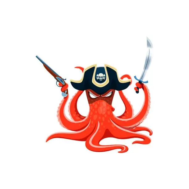 Vector illustration of Cartoon octopus pirate, captain, sailor character