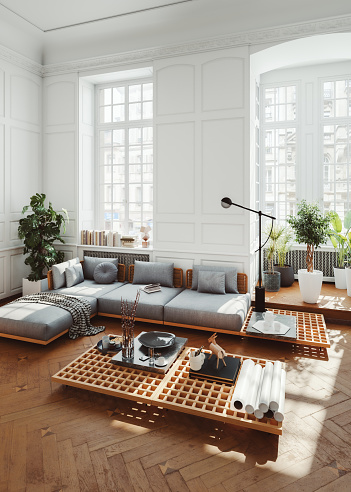 Modern European apartment interior. 3D generated image.