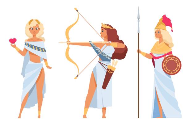 Cartoon Greek gods. Ancient goddesses. Artemis with arrows and bow. Athena holding spear and shield. Beautiful Aphrodite. Deity of love. Mythical divinities. Divine women vector set Cartoon Greek gods. Ancient goddesses. Artemis with arrows and bow. Athena holding spear and shield. Beautiful Aphrodite. Deity of love. Antique religion. Mythical divinities. Divine women vector set famous archer stock illustrations