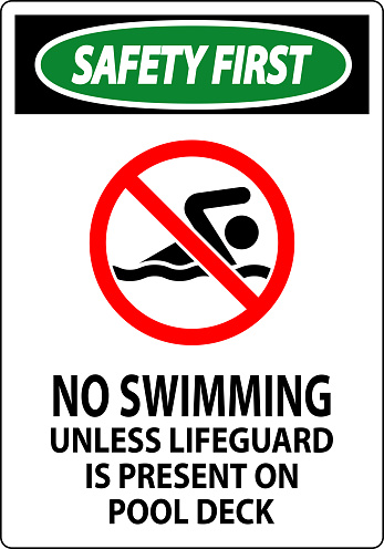 Safety First Pool Sign No Swimming Unless Lifeguard Is Present On Pool Deck