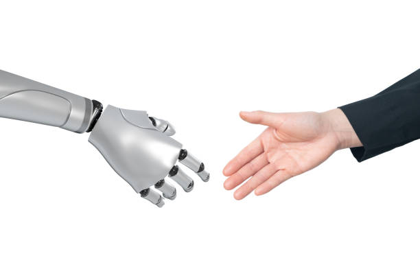 istock Ai hand with human hand trying to making handshake to each others isolated on white background. 1958755061