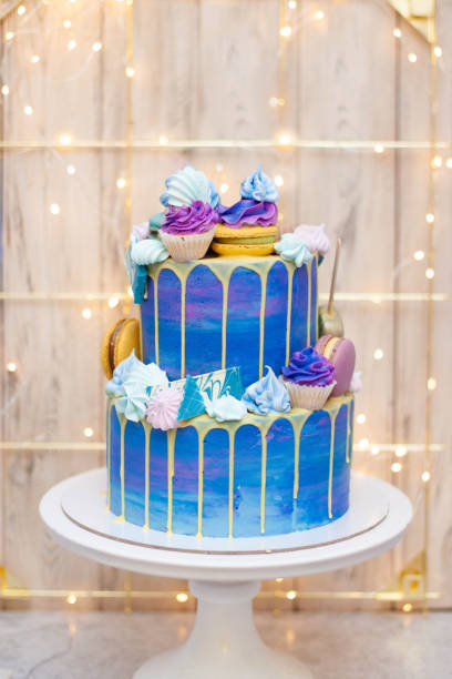 istock Layered blue cake on cake stand on a festive background. A picture for a menu or a catalog of confectionery products. 1958761042