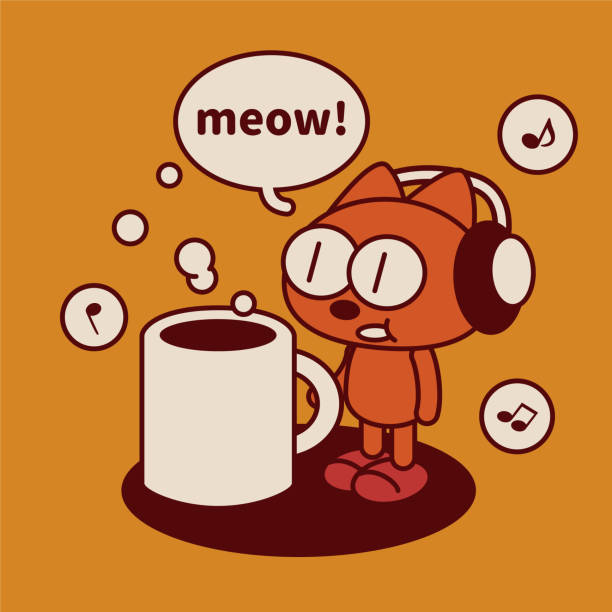 ilustraciones, imágenes clip art, dibujos animados e iconos de stock de un gatito peculiar y lindo que usa un auricular y bebe un gran café - undomesticated cat audio