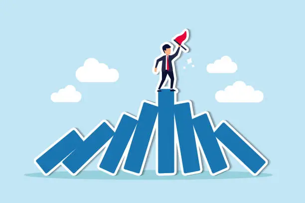 Vector illustration of Winner take all, survive business competition or strength to overcome difficulty, economic crisis or recession, business winner concept, success businessman on stand strong bar graph domino collapse