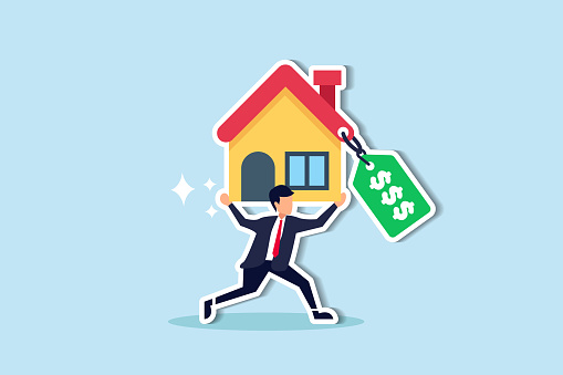 Overpay in real estate and house mortgage, too much invest or expense to pay for debt and loan in economic crisis concept, tried depressed office worker man carrying house with expensive price tag.