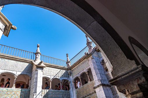 Sintra, Portugal - Oct. 3, 2023: Tourists are visiting Pena Palace - Palácio Nacional da Pena, Sintra, Portugal.