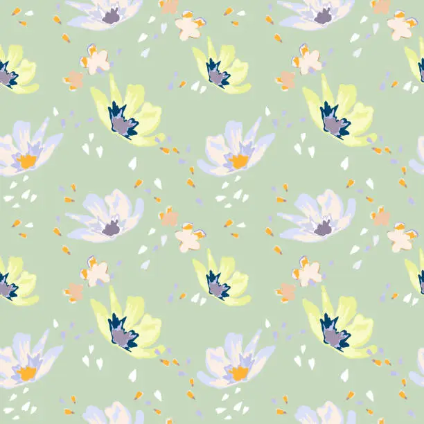 Vector illustration of Windy flowers and petals in spring. Blooming midsummer meadow seamless pattern. Plant background for fashion, wallpapers, print. Liberty style millefleurs. Trendy floral design