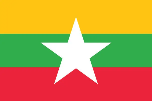 Vector illustration of Myanmar flag. The official ratio. Flag icon. Standard color. Standard size. A rectangular flag. Computer illustration. Digital illustration. Vector illustration.