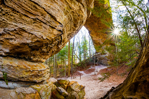 Scenic rocks erosion formation on Twin Arches trail in Big South Fork National recreation area at fall