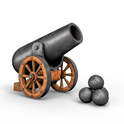 Ancient Vintage Medieval Cannon with Cannon Ball. 3D Illustration. File with Clipping Path.