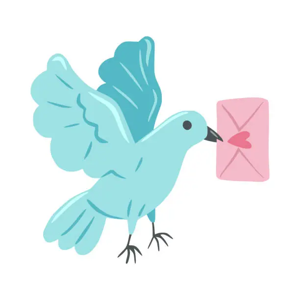Vector illustration of Pigeon with postal envelope and heart in its beak. Illustration of a blue flying dove with envelope in its beak. Design for greeting card, invitation, print, sticker. Illustration for valentine's day.