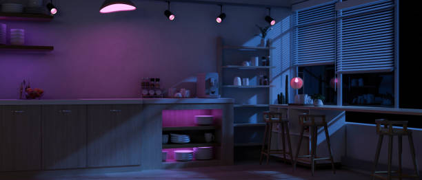 istock Interior design of a modern spacious dark kitchen at night with RGB neon light. 1958887118