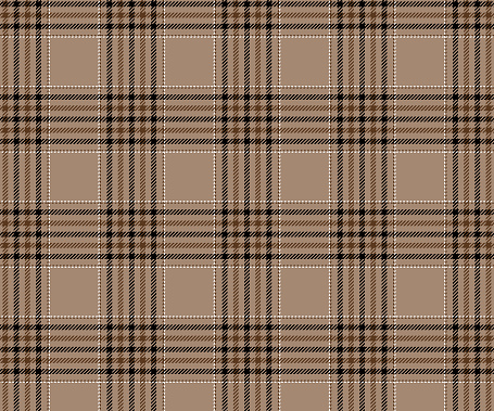 Plaid fabric pattern in cream, brown, black, white, seamless background for textile designs, clothing, skirts, pants or decorations. Vector illustration.