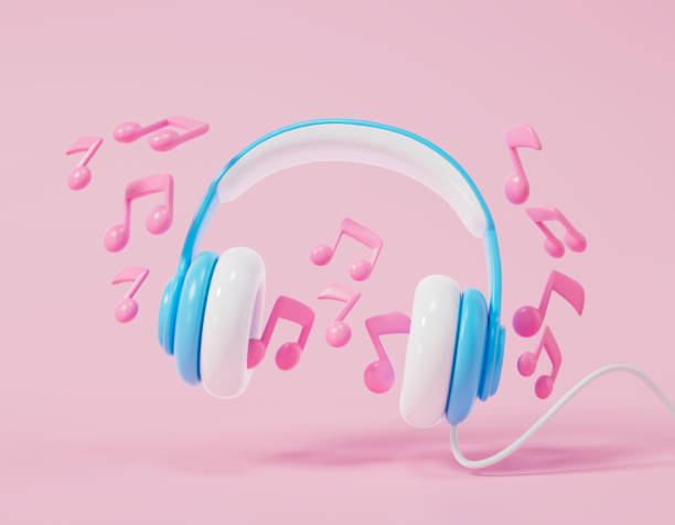 istock 3D Headphones with musical notes on pink background. 3d render illustration. 1958901424