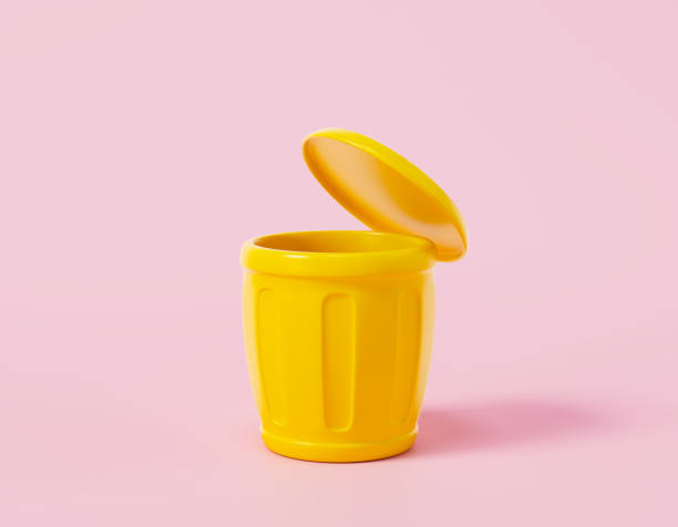 istock Cartoon minimal style open yellow trash bin on pink background, environment concept, wastepaper garbage basket with copy space. 3D render illustration 1958901431