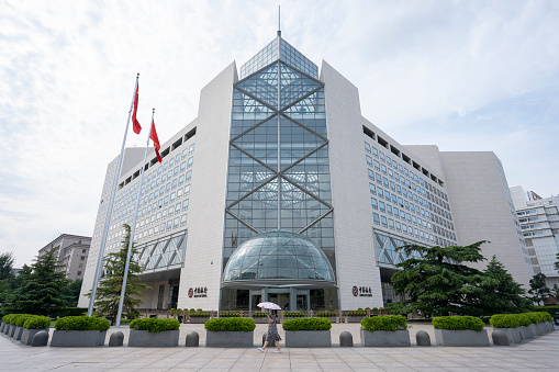Beijing, China - Aug 26, 2023: Front view of the Bank of China Head Office Building in Beijing, designed by architect I. M. Pei. The Bank of China is a Chinese majority state-owned commercial bank.