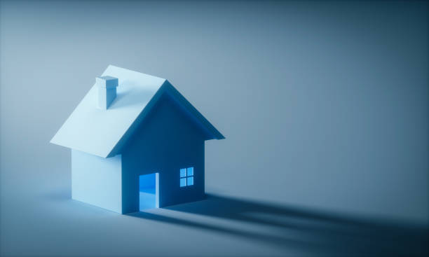 istock Light through an empty House on dark blue background. House finding, renting business concept. 3d rendering 1958943289