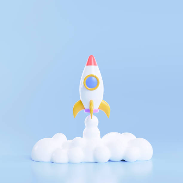 istock 3D Rocket launch on blue background, Spaceship icon, startup business concept. 3d render illustration 1958953687