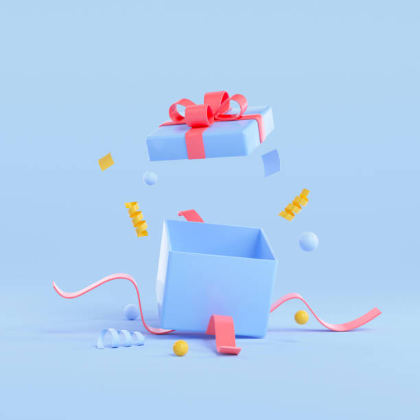 istock 3d open gift box, minimal surprise package on blue background. 3d render illustration 1958954599