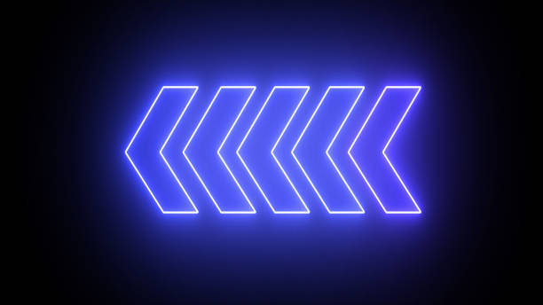 istock Glowing blue color neon light arrows sign. 3D rendering left arrow on black background. Left arrow for road direction. Flashing direction indicators. 1959004074