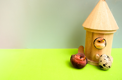 two toy birds and a real egg in front of a bird house, life and nature concepts