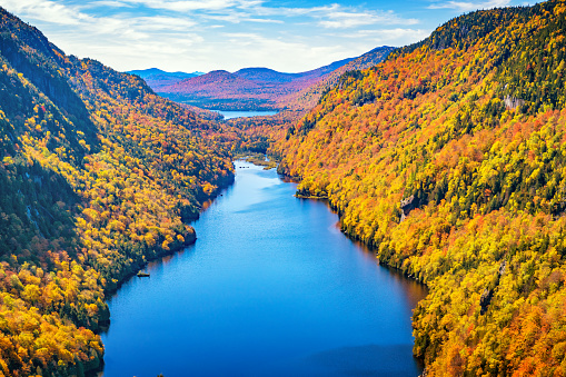 Table Rock Mountain, Pickens, South Carolina, USA lake view in autumn at dusk.