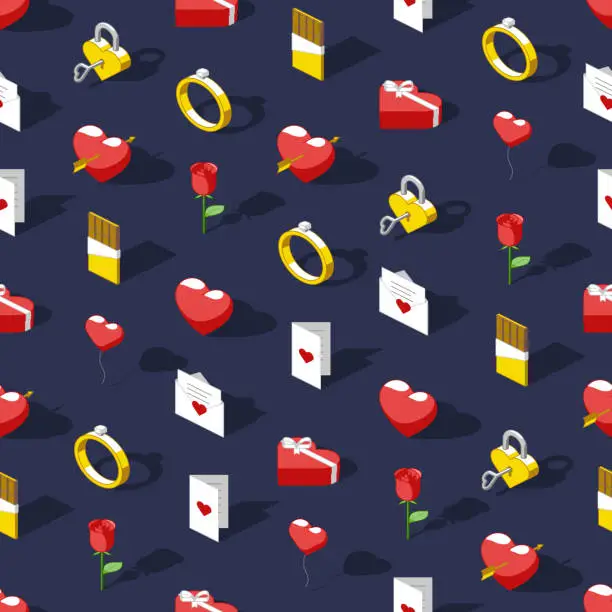 Vector illustration of isometric romance icons seamless pattern