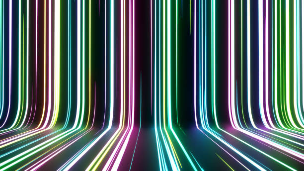 istock Moving neon lights in colorful lines glow in dark ways, bright and striped abstract patterns with green, purple and blue glow. 1959087873