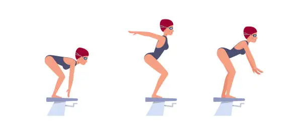 Vector illustration of Set of Female swimmer character vector design. Presentation in various action with emotions, running, standing and walking.