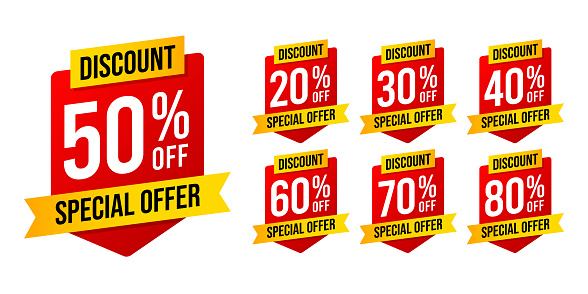 Special offer discounts label starting from 20, 30, 40, 50, 60, 70, 80 percent off. Trendy red and yellow color sales promotion banner element. Vector illustration