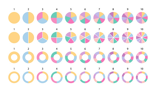 Colored circle graph collection. Multicolor segments pie diagram template. Circular structure chart. Set schemes with sectors. Piechart with section and slices. Vector illustration