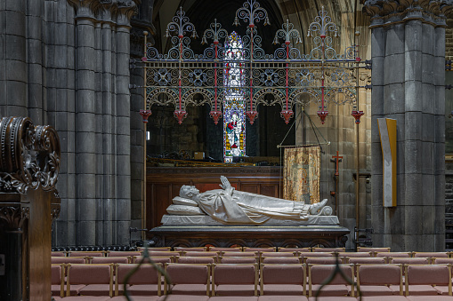 Edinburgh, Scotland - Jan 16, 2024 - Effigy of James Francis Montgomery in St Mary's Episcopal Cathedral or the Cathedral Church of Saint Mary the Virgin at the Scottish Episcopal Church in Edinburgh, Space for text, Selective focus.