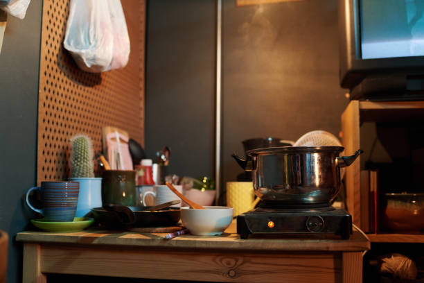 Hispanic man of average age of 30 years old dressed in a jean apron and using biosafety protocols, a chef by profession is hired in the home of his guests to prepare delicious food dishes