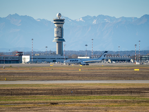 Varese, Italy. The MXP Milan Malpensa international airport. View of the Air traffic control tower
