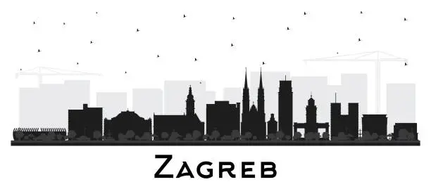 Vector illustration of Zagreb Croatia City Skyline silhouette with black Buildings isolated on white. Zagreb Cityscape with Landmarks. Business Travel and Tourism Concept with Historic Architecture.