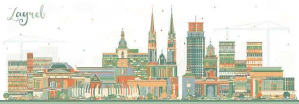 Vector illustration of Zagreb Croatia City Skyline with Color Buildings. Zagreb Cityscape with Landmarks. Business Travel and Tourism Concept with Historic Architecture.